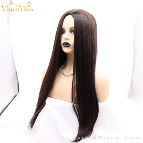 Vigorous cheap high quality long straight brown wholesale heat resistant for black women synthetic wig none lace